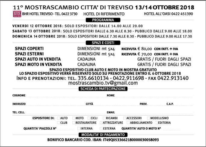 2018 TREVISO MOSTRA SCAMBIO AUTO MOTO CICLI MODELLISMO RICAMBI D'EPOCA iscrizione