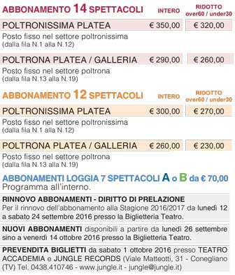 CONEGLIANO TEATRO ACCADEMIA STAGIONE TEATRALE 2016 2017 PREZZI ABBONAMENTI BIGLIETTI