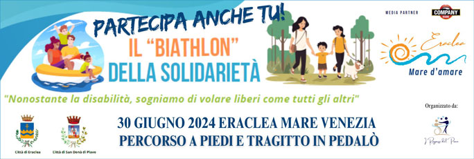 
Eraclea Mare d'Amare biathlon con camminata, corsa podistica e pedalata in pedalò domenica 30 giugno 2024