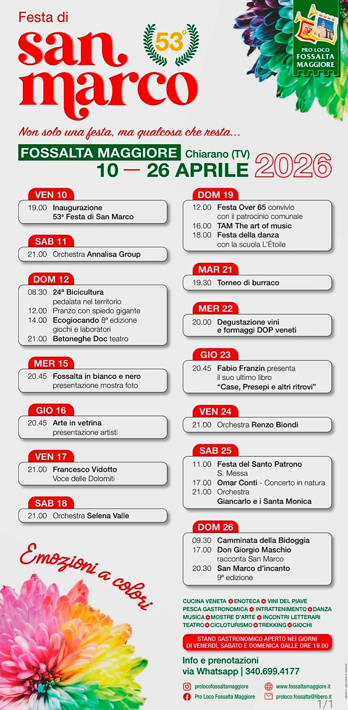 CHIARANO FOSSALTA MAGGIORE FESTA DI SAN MARCO programma