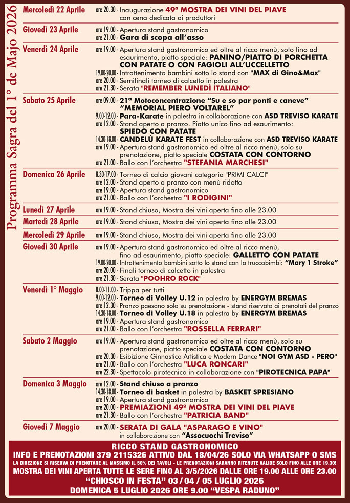 MASERADA SUL PIAVE CANDELU' SAGRA DI CANDELU' programma
