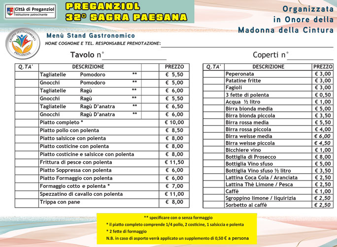 menù 2024 PREGANZIOL SAGRA PAESANA MADONNA DELLA CINTURA