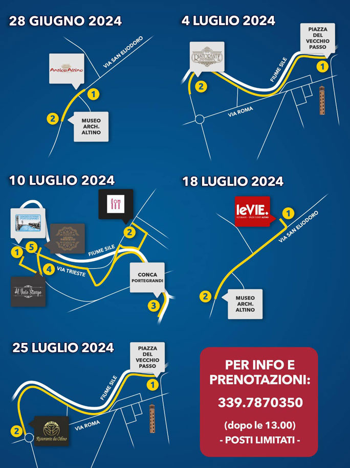 2024 QUARTO D'ALTINO PASSEGGIATE ENOGASTRONOMICHE SOTTO LE STELLE LUNGO L'ALZAIA DEL FIUME SILE percorsi