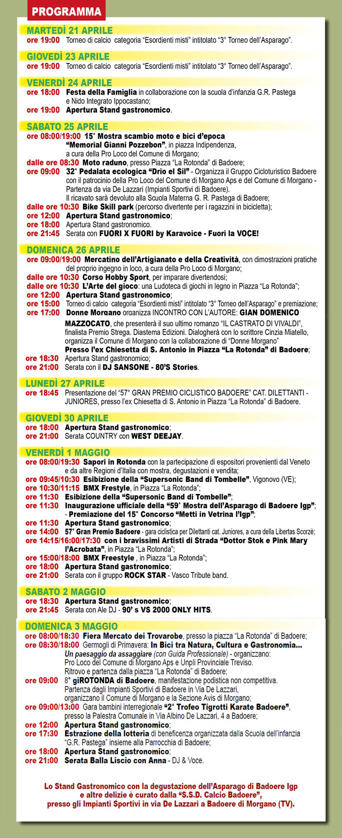 MORGANO BADOERE MOSTRA DELL'ASPARAGO DI BADOERE IGP programma