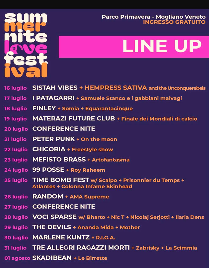 SUMMER NITE LOVE FESTIVAL a MOGLIANO VENETO programma concert