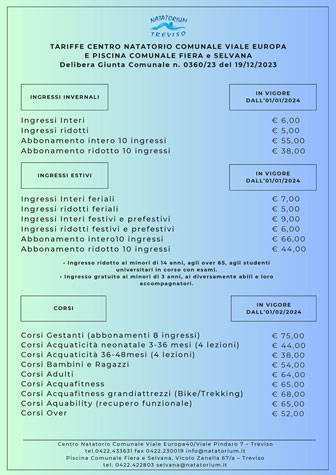 2024 tariffe di ingressp PISCINE COMUNALI DI TREVISO