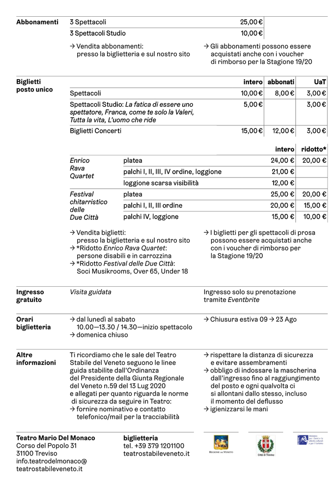 TREVISO TEATRO MARIO DEL MONACO STAGIONE ESTIVA 2020 abbonamenti e biglietti